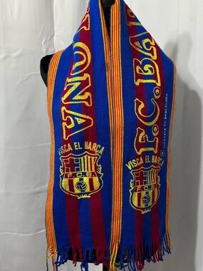 Vintage FC Barcelona Scarf Visca El Barca Licensed Spain Soccer Blue Red Yellow